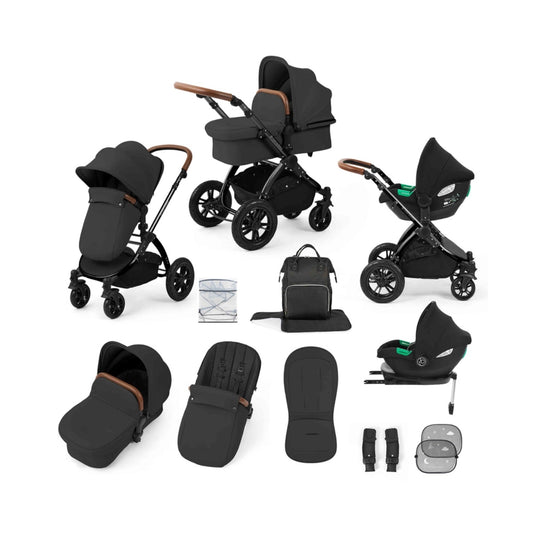 Ickle Bubba Stomp Luxe 12 Piece Travel System with i-Size Cirrus Car Seat & ISOFIX Base - Black/Charcoal Grey/Tan